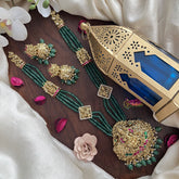 Vriksham Lakshmi Pendant Green Beaded Mala Jadau Long Neckpiece-Green Bead-J2996